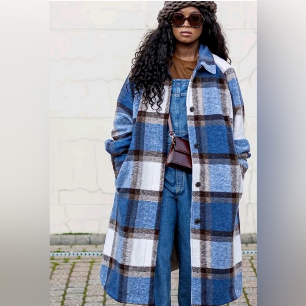 NEW H&M Blue Plaid Oversized Coat